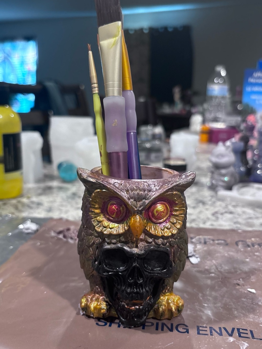 Metallic Owl Skull Brush Holder in Purple and Gold hippo Duck bear and a squirre